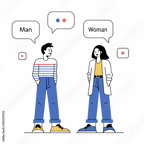 A man and a woman talking on the phone in a vector illustration, with a speech bubble symbol inside. Business people communicating.