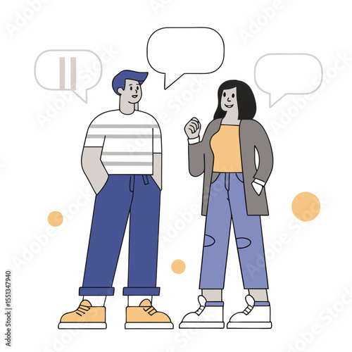 A man and a woman talking on the phone in a vector illustration, with a speech bubble symbol inside. Business people communicating.