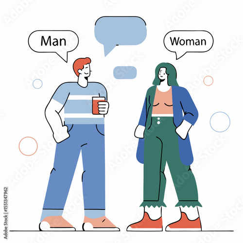 A man and a woman talking on the phone in a vector illustration, with a speech bubble symbol inside. Business people communicating.