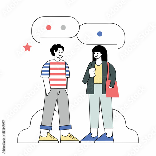 A man and a woman talking on the phone in a vector illustration, with a speech bubble symbol inside. Business people communicating.