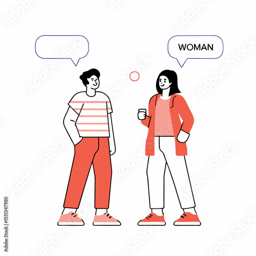 A man and a woman talking on the phone in a vector illustration, with a speech bubble symbol inside. Business people communicating.