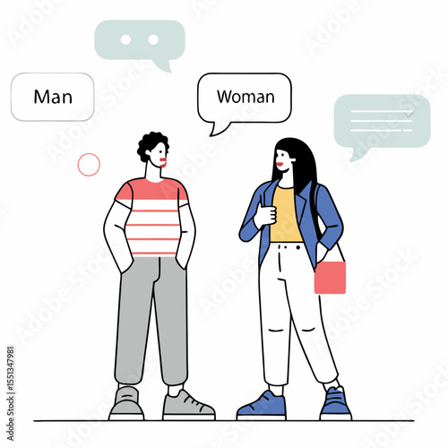 A man and a woman talking on the phone in a vector illustration, with a speech bubble symbol inside. Business people communicating.