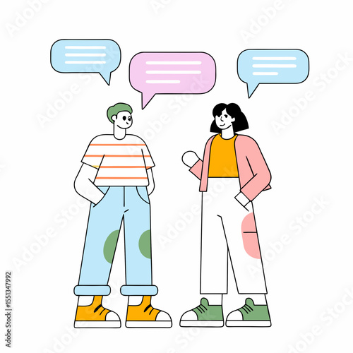 A man and a woman talking on the phone in a vector illustration, with a speech bubble symbol inside. Business people communicating.