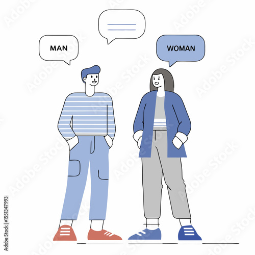 A man and a woman talking on the phone in a vector illustration, with a speech bubble symbol inside. Business people communicating.