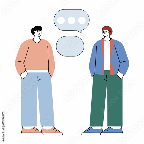 A man and a woman talking on the phone in a vector illustration, with a speech bubble symbol inside. Business people communicating.