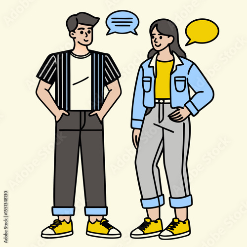 A man and a woman talking on the phone in a vector illustration, with a speech bubble symbol inside. Business people communicating.