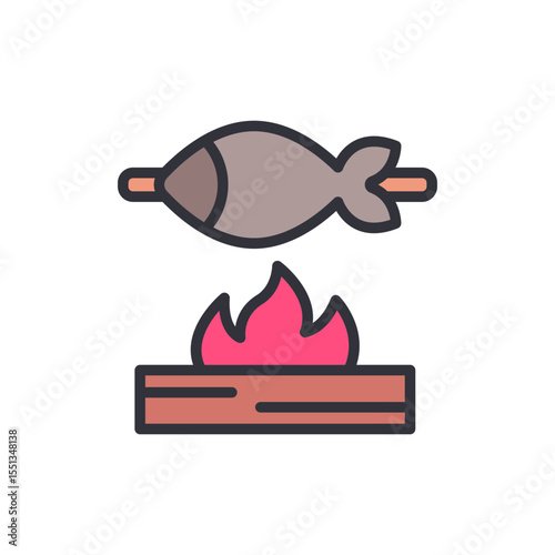 Roasted Fish Cooking Over Campfire Illustration On Transparent Backdrop