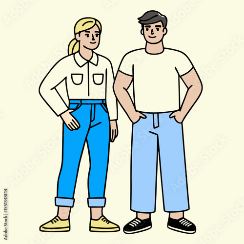 A man and a woman talking on the phone in a vector illustration, with a speech bubble symbol inside. Business people communicating.
