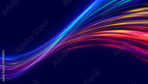 Abstract swirling neon light streaks on a dark blue background