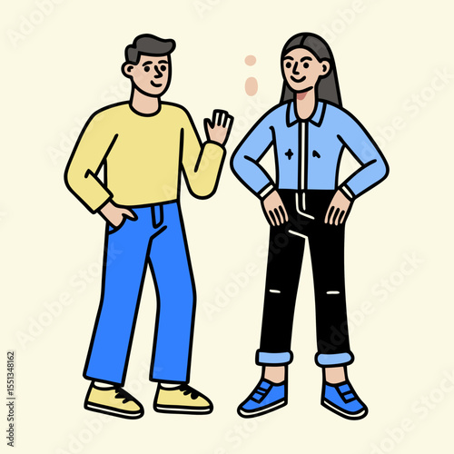 A man and a woman talking on the phone in a vector illustration, with a speech bubble symbol inside. Business people communicating.