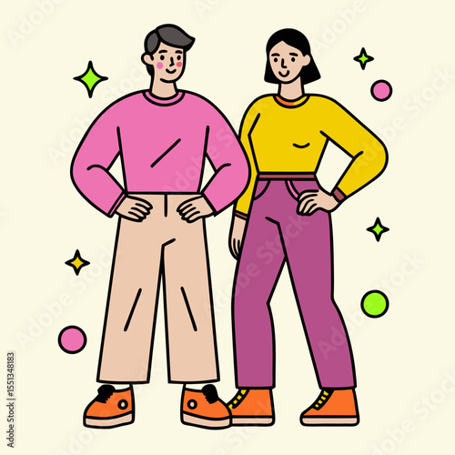 A man and a woman talking on the phone in a vector illustration, with a speech bubble symbol inside. Business people communicating.