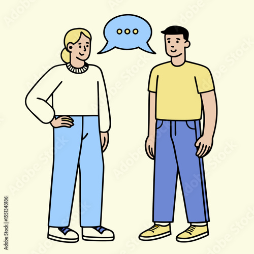 A man and a woman talking on the phone in a vector illustration, with a speech bubble symbol inside. Business people communicating.