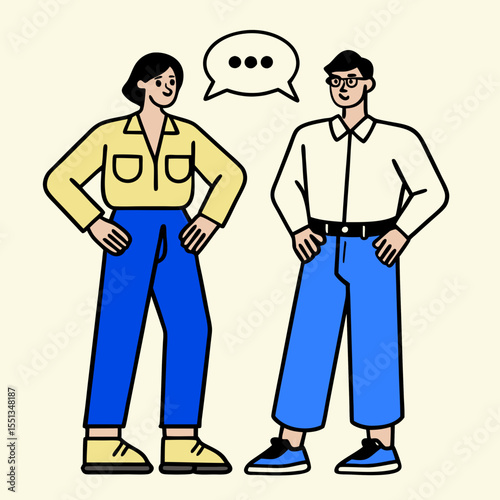 A man and a woman talking on the phone in a vector illustration, with a speech bubble symbol inside. Business people communicating.