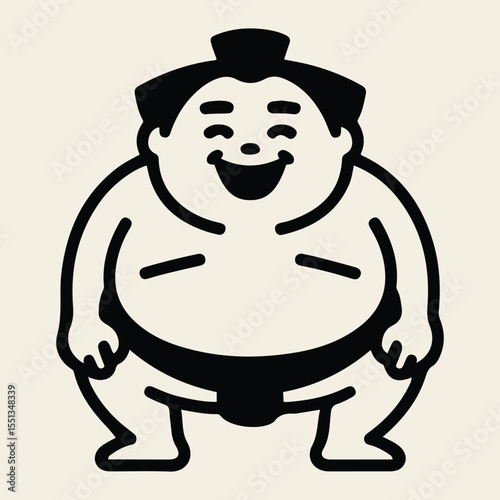 Stylized sumo wrestler with a smile in black and white art