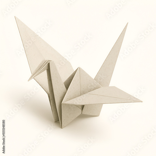 Beige Origami Crane Made from Textured Paper – Minimalist Geometric Bird Sculpture with Precise Folds and Symmetry – Elegant Japanese Paper Art on Off-White Background