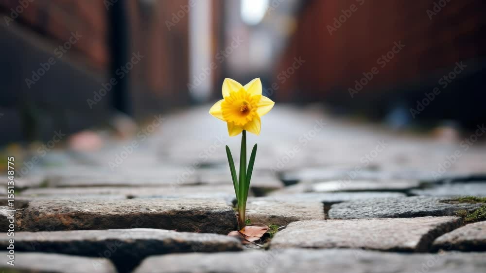 A low-angle video captures a yellow flower growing between cobblestones, symbolizing resilience and beauty in urban settings, with a blurred background. Live desktop wallpaper.
