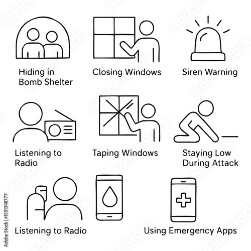 Minimal Line Icons Set of Civil Defense Actions During War and Emergency Situations

