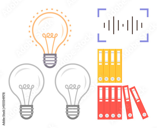Light bulbs representing creativity, sound wave for digital technology, and file folders for organization. Ideal for innovation, technology, productivity, project planning, brainstorming, research
