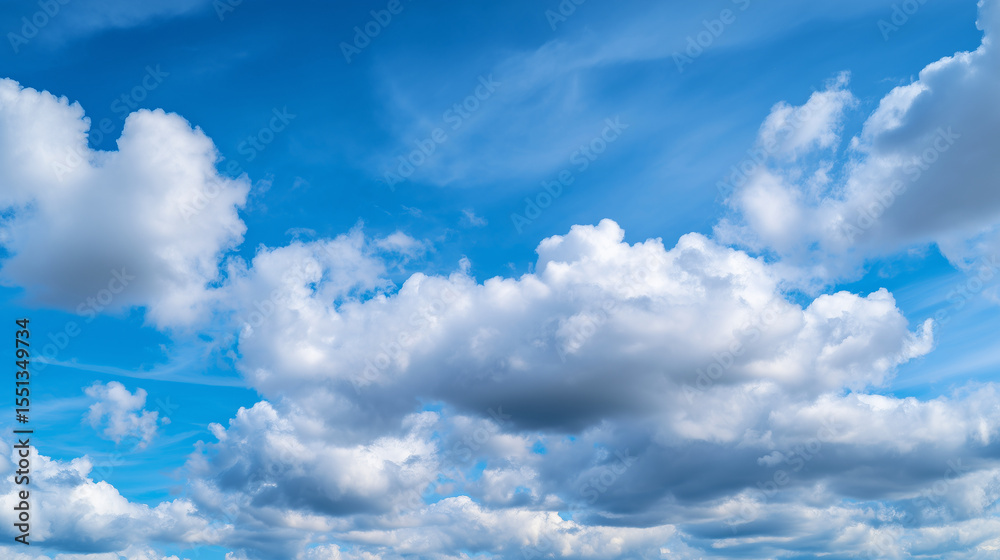 Naklejka premium Puffy Afternoon Clouds and Sun Drenched Sky, Puffy Cumulus Sky with Clear Light Stream