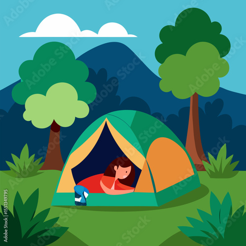 Woman sleep in camping tent in jungle forest vector landscape background.