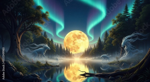 Enchanting Celestial Spectacle Reflecting on a Serene Forest Lake Under a Majestic Full Moon