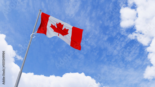 Realistic 3D Render of Canadian Flag Waving Against Blue Sky