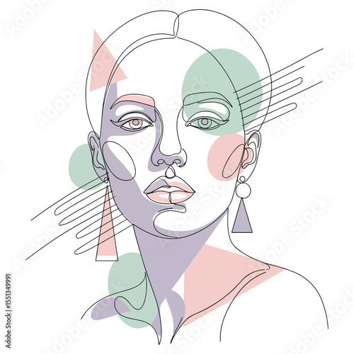 Abstract line art woman face with pastel shapes portrait
