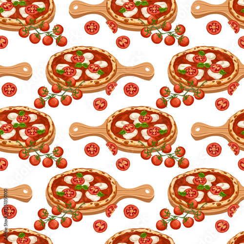 Seamless pattern with cartoon pizza and tomatoes. Hand drawn illustration in warm rustic style for kitchen decor, wrapping, textile design, restaurant, menu, prints isolated on white background