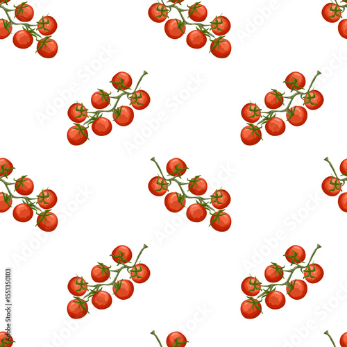 Juicy cherry tomatoes on a branch seamless pattern. Vector hand drawn food illustration for kitchen textiles, menus, wrapping paper, packaging, cooking blogs isolated on white background