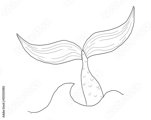 Whale Tale Icon ocean animal, mammal tail line sketch. Vintage simple silhouette with waves. Minimalistic simple tattoo drawing. 