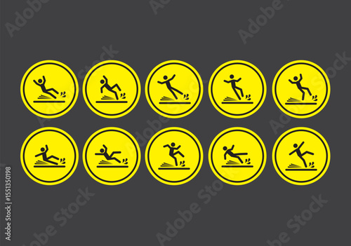 Warning sign graphic depicting a wet floor with a stylized figure slipping suitable for safety notices and hazard alerts