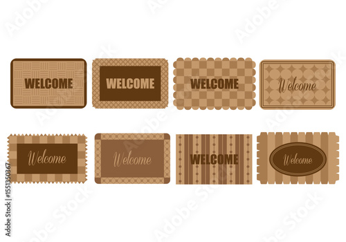 Collection of diverse welcome mat icons featuring various designs and greetings for entryways and hospitality