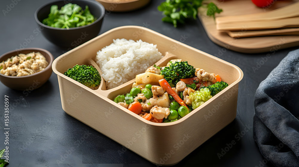 Reusable meal box with vegetarian rice bowl featuring broccoli, carrots, and peas on dark table Reusable meal box with vegetarian rice bowl featuring broccoli, carrots, and peas on dark table
