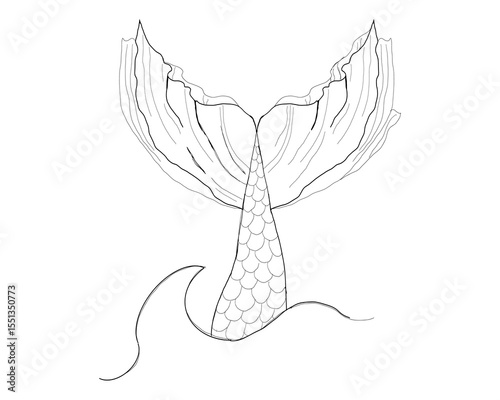 Geometric mermaid tail silhouette in fine line tattoo style. Minimalist ocean icon with underwater and fairy tale feel. Vector design for skin art or mythology themes