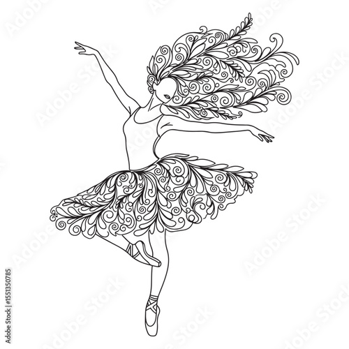 Black and white line art of a ballerina with ornate hair and tutu