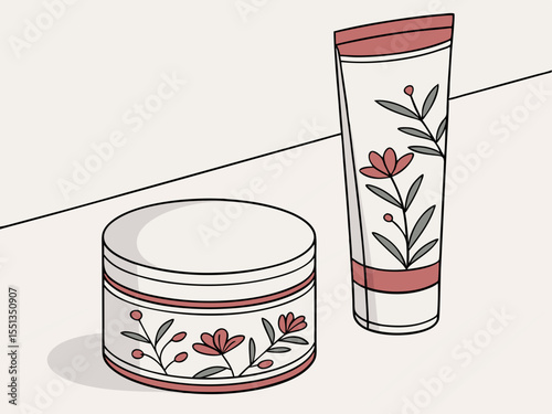 A simple illustration shows a jar and tube of cream with a floral design, isolated on white background