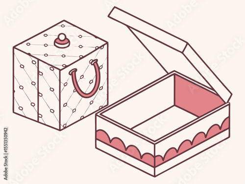 An open and closed gift box with a quilted pattern and red accents, isolated on white background