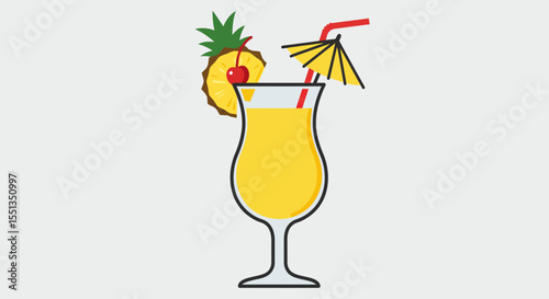 Vector Cartoon Illustration of a Pina Colada in a Glass with Umbrella and Straw