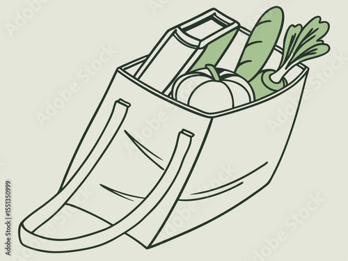A simple line drawing of a reusable tote bag filled with a book, a carrot, and a pumpkin