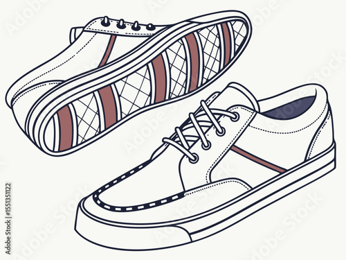 A pair of stylish white canvas sneakers with brown laces is illustrated in a simple line drawing style isolated on white background
