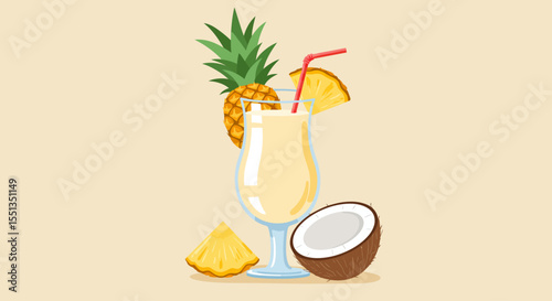 Vector Illustration of Pina Colada with Pineapple and Coconut on Beige Background