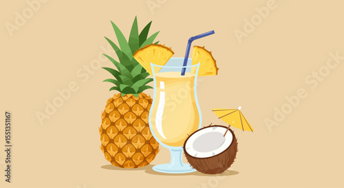 Vector Illustration of Pina Colada with Pineapple and Coconut on Beige Background