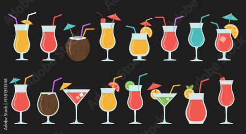Vector Set of Tropical Cocktails and Summer Drinks