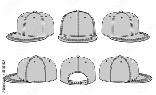 template vector illustration of snapback cap shown from various angles. Great for sports apparel design, streetwear concepts, fashion mockups, and graphic merchandise projects. fashion template 