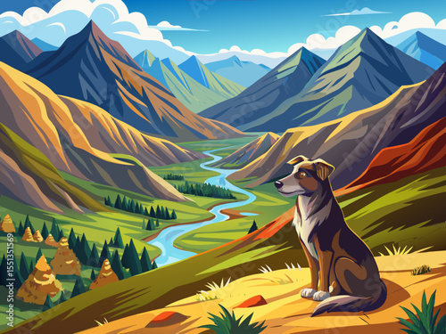 vector of A stray dog ​​sitting on a mountain path with a beautiful valley of the Caucasus in Georgia in the background of a beautiful green head...