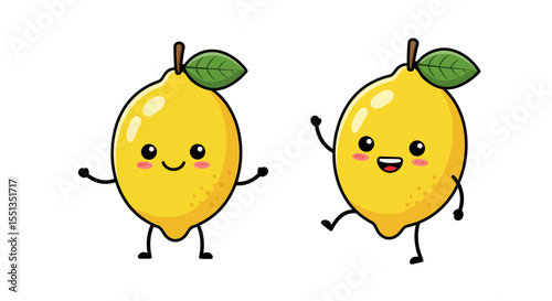 Vector Illustration of Cute Lemon Cartoon Character with Kawaii Smiling Emoji – Isolated on White Background