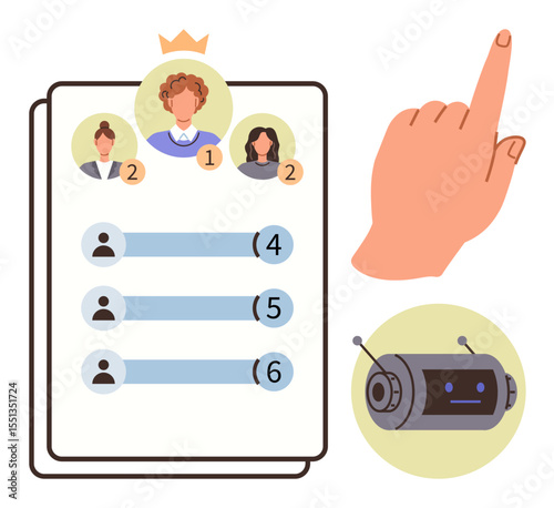 Leaderboard highlighting top-ranked profiles, scoring bars, ranking crown, hand gesture for point selection, and friendly AI bot. Ideal for gamification, user ranking, AI interaction
