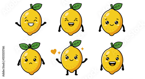 Vector Illustration of Cute Lemon Cartoon Character with Kawaii Smiling Emoji – Isolated on White Background