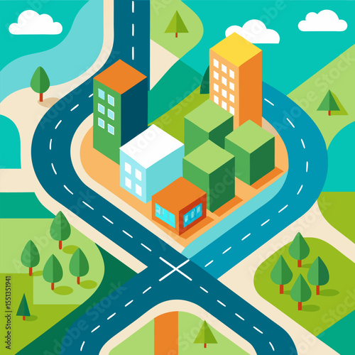 Top city view on map with street road and building vector landscape background.