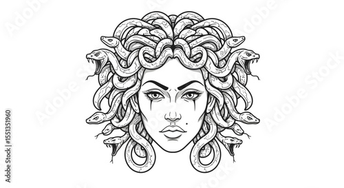 A striking black and white vector illustration of Medusa, the mythical Gorgon from Greek mythology